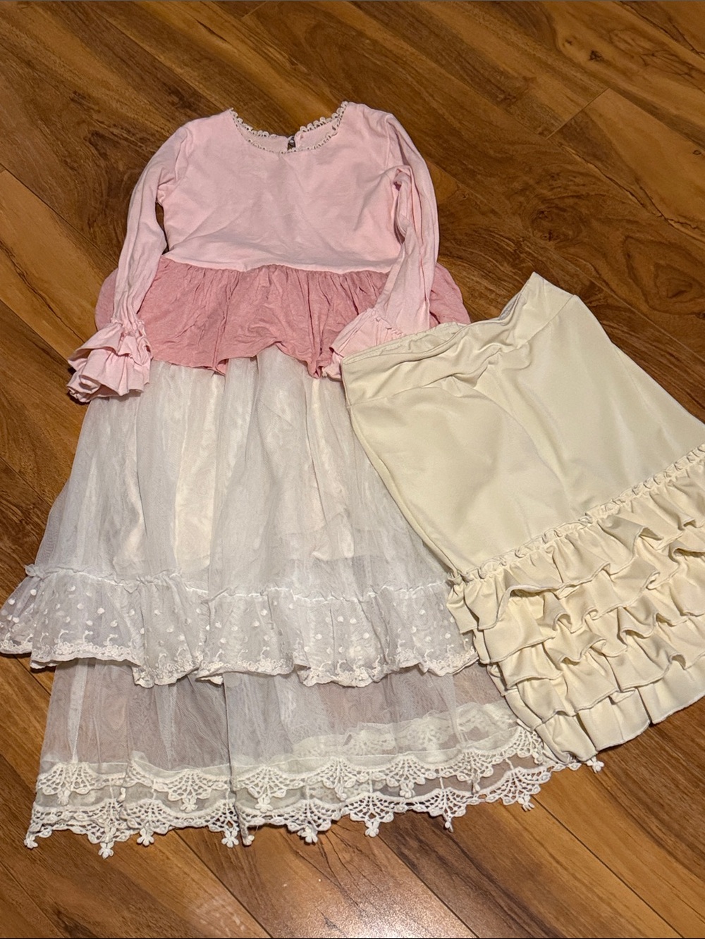 Pink Tiered Long Sleeve Top with White Lace Skirt